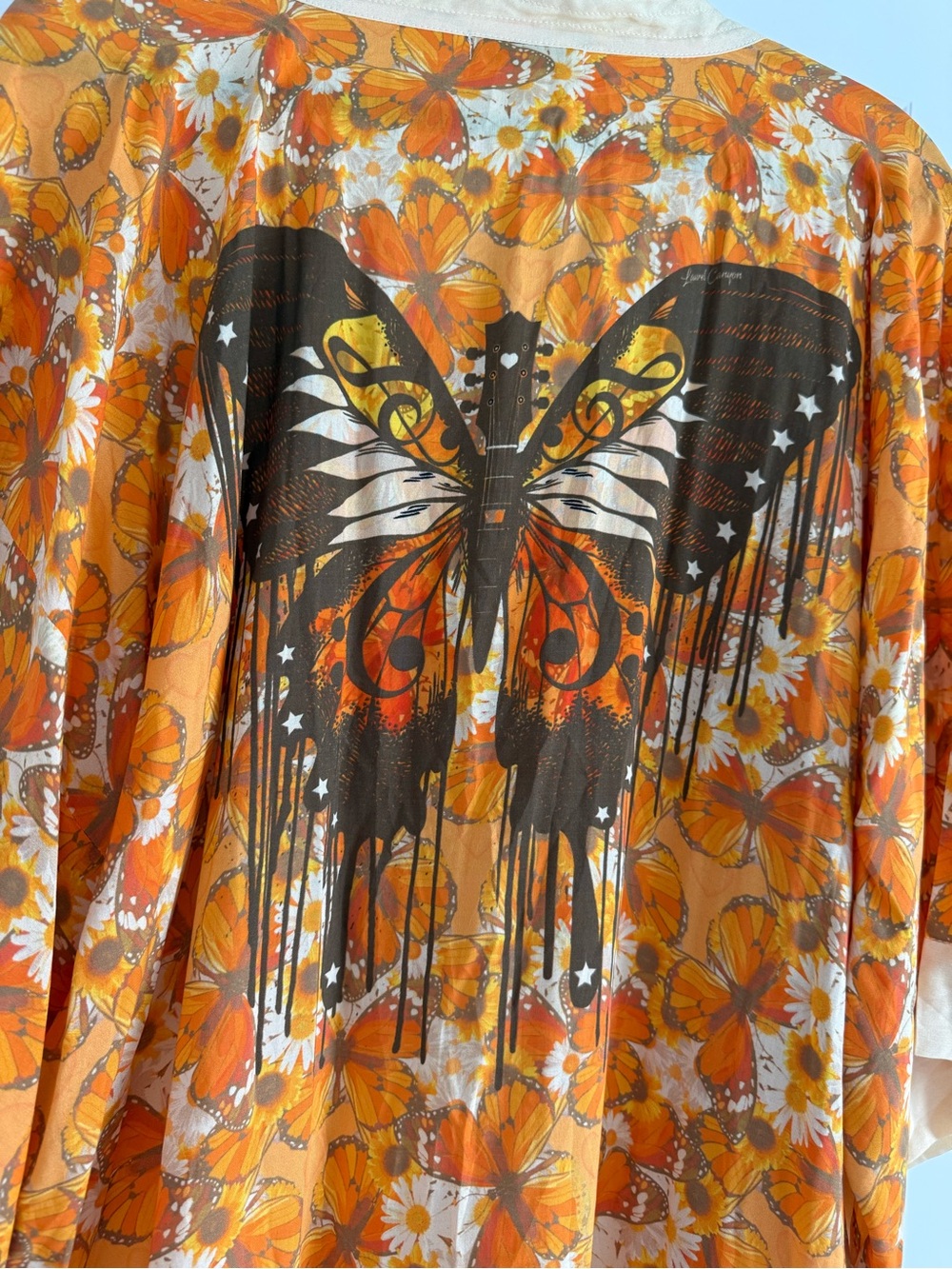 New Henelle Lauren Canyon Bohemian Orange Yellow Floral Butterfly Robe One Size - Picture 7 of 11